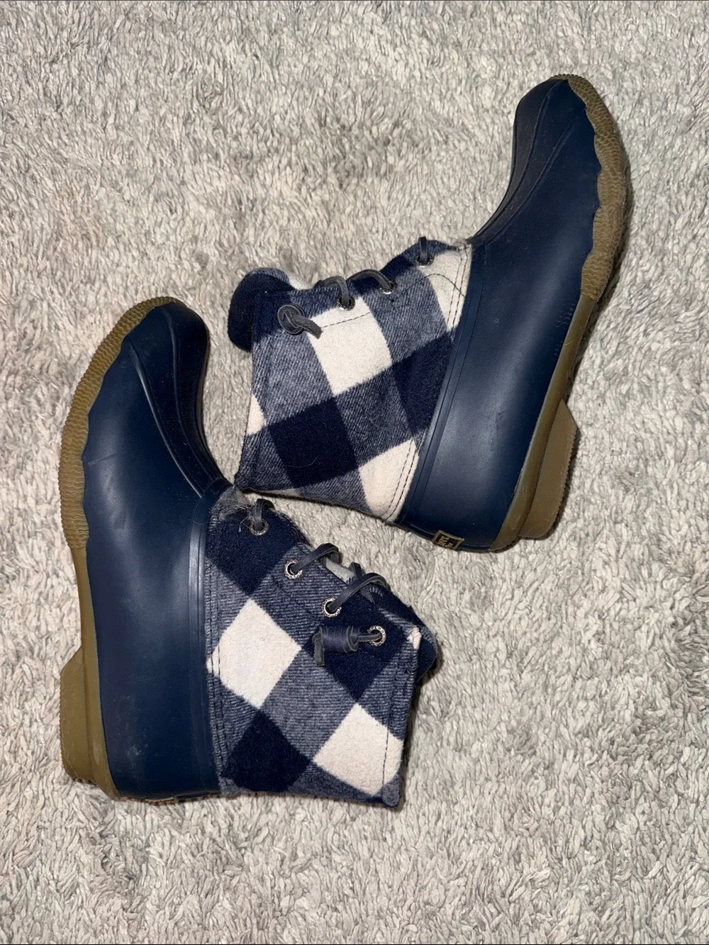 Sperry Navy and White Plaid Waterproof Duck Boots fall flannel cozy